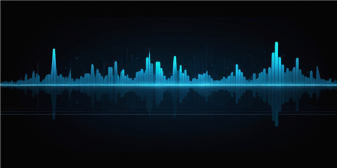 Blue sound wave on a digital equalizer background illustrates music technology with light and frequency lines