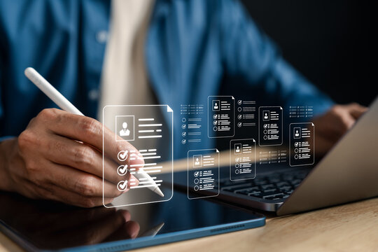 Hiring and human resource with digital resume selection for new career opportunities. Ideal for recruitment, job application, employee evaluation, and HR technology workflow visuals.