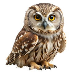 Obraz premium A detailed portrait of a northern saw whet owl with striking yellow eyes perched on an unseen surface isolated on transparent background