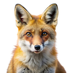 Fototapeta premium Close up portrait of a wild red fox with striking amber eyes and alert ears isolated on transparent background