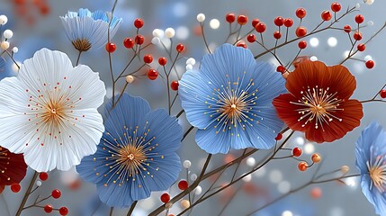 Elegant Abstract Composition of Blue, White, and Red Floral Elements