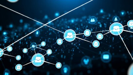 Abstract network of glowing light blue icons and numbers - Powered by Adobe