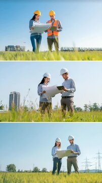 Zeitraffer-Collage: Architektenpaar mit Bauzeichnung und Tablet auf der Wiese bei der Projektbesprechung. K&uuml;nstliche Intelligenz KI