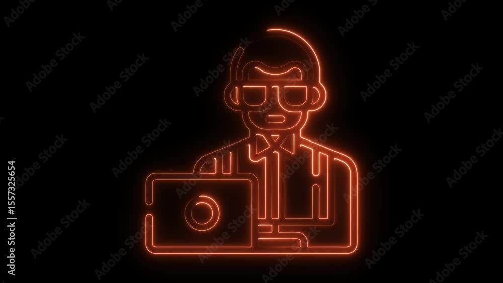 Poster glowing neon programmer icon working on laptop against black background abstract digital