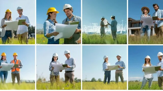 Zeitraffer-Collage: Architektenpaar mit Bauzeichnung und Tablet auf der Wiese bei der Projektbesprechung. K&uuml;nstliche Intelligenz KI