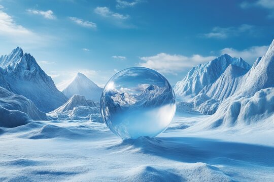 Futuristic glass sphere reflecting icy mountain landscape, symbolizing purity, mystery, and advanced technology in a surreal frozen world