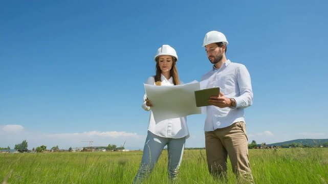 Teamarbeit auf der Baustelle: Architektin mit Bauplan und Architekt mit Tablet auf einer gr&uuml;nen Wiese. K&uuml;nstliche Intelligenz KI