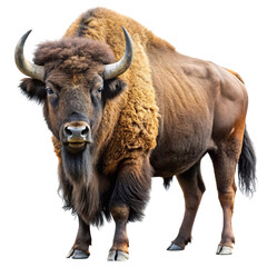 Majestic european bison standing proudly with large horns and thick fur isolated on transparent background