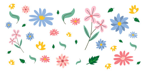 Set floral of wildflower color, leaf branch, 
foliage on white background. Hand drawn blossom illustration for decor, easter, sticker, clipart, print. vector eps 
