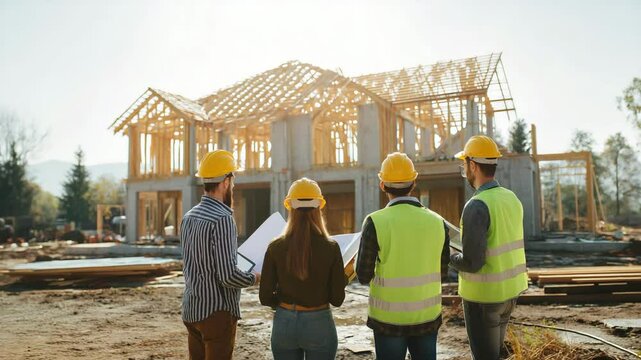 Architekten-Team auf l&auml;ndlicher Baustelle mit Holzrahmenhaus. K&uuml;nstliche Intelligenz KI
