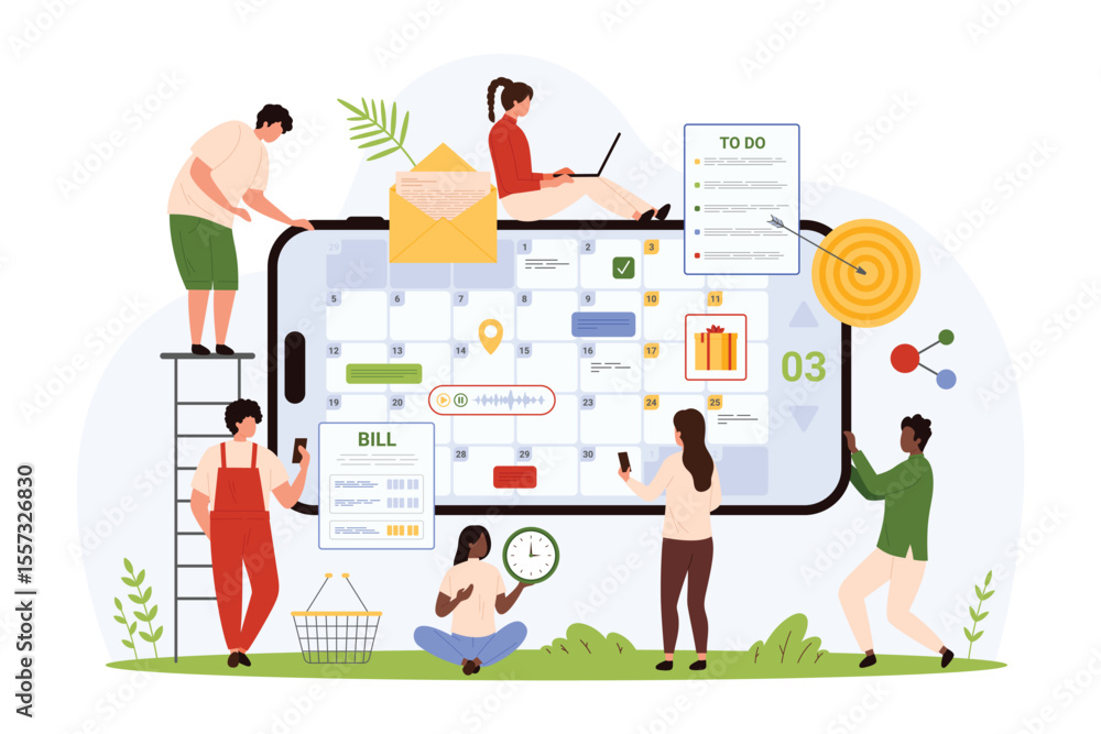 Poster planning, daily work tasks management in mobile app. tiny people manage to do list options and voice