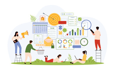 Planning, administration and workflow management. Tiny busy people with magnifying glass and megaphone working with online documents to organize and plan work tasks cartoon vector illustration