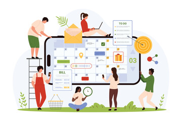 Planning, daily work tasks management in mobile app. Tiny people manage to do list options and voice messages, bills and emails using planner interface on phone screen cartoon vector illustration
