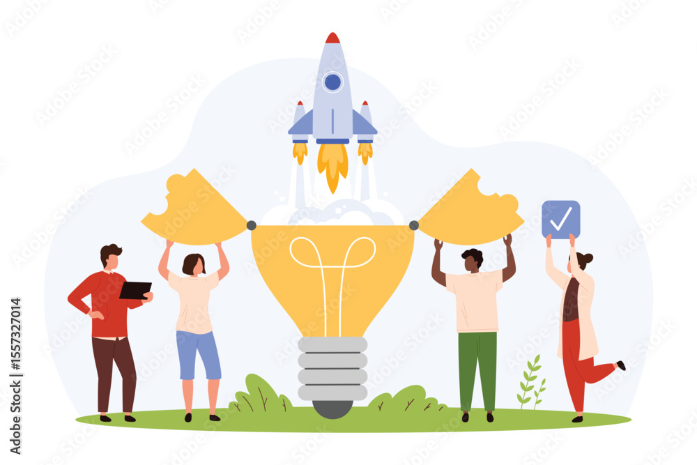 Poster startup innovation implementation by entrepreneurs. tiny people support rocket launch from open ligh