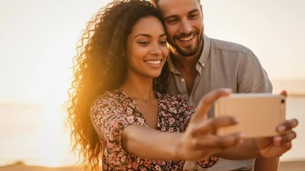 Happy couple taking beach selfie at sunset - Powered by Adobe