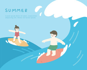 Hand drawn summer template background on the ocean with people surfing.