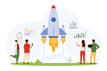 Project launch success, business startup development. Tiny people prepare data analytics to start rocket, boost company product with creative settings and strategy cartoon vector illustration