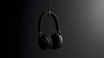 Black Headphones Hanging Against a Dark Background in Minimalist Style