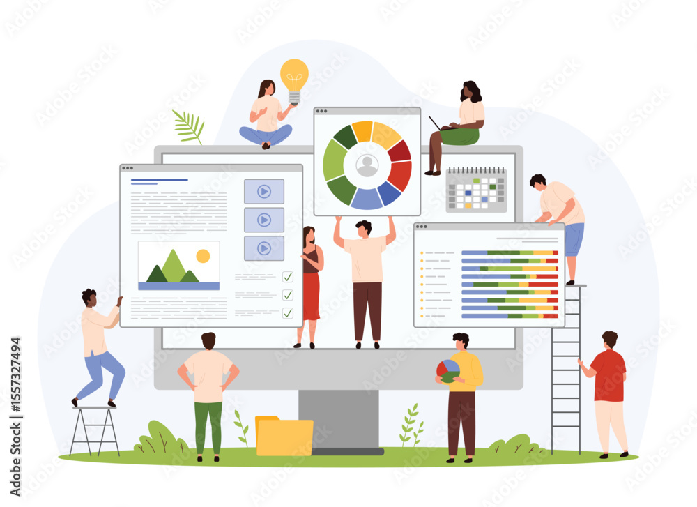 Poster web project creation, website construction. tiny people create new homepage with infographic data ch