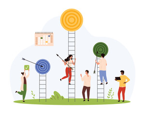Focus on goals, long term and short term achievement. Tiny people choose to climb ladder with small, medium and high achievable target, solution for business progress cartoon vector illustration