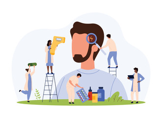 Diagnosis and treatment of flu, cold symptoms vector illustration. Cartoon tiny people check health of man with infrared thermometer and magnifying glass, diagnose high temperature, fever and headache