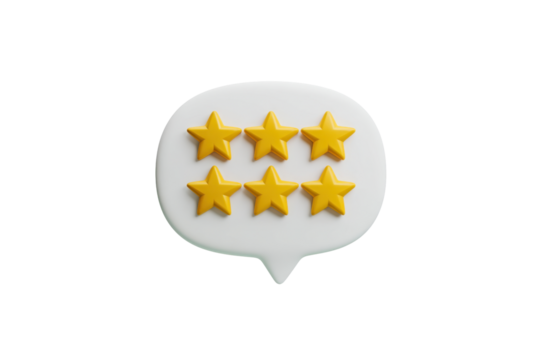 Six golden stars arranged in a speech bubble suggesting a rating or review rendered with smooth glossy surfaces