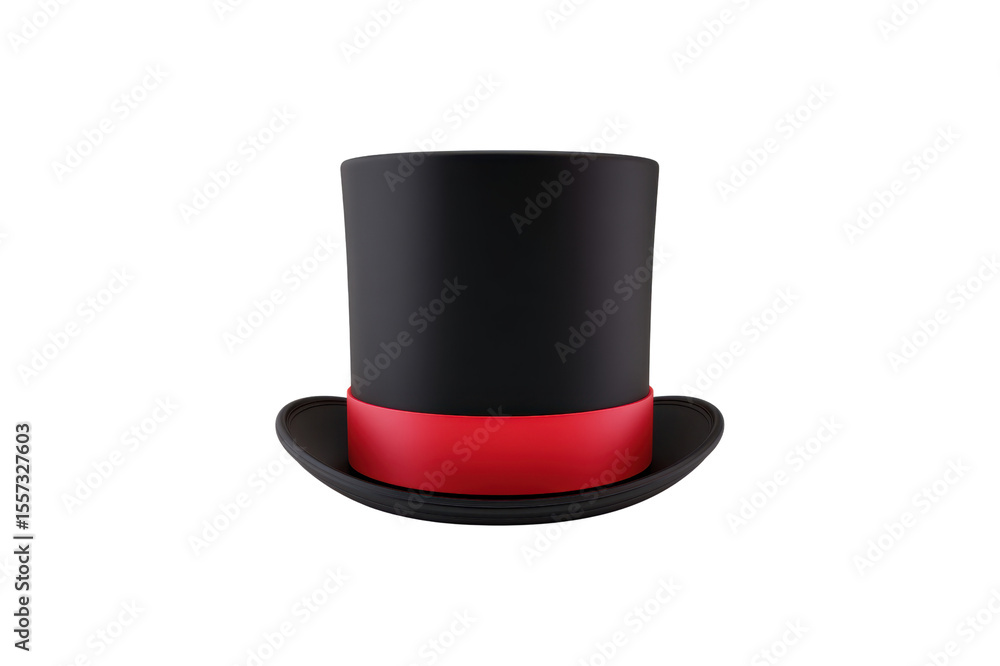 Poster black top hat with a red ribbon around the base isolated against a dark background suitable for clip