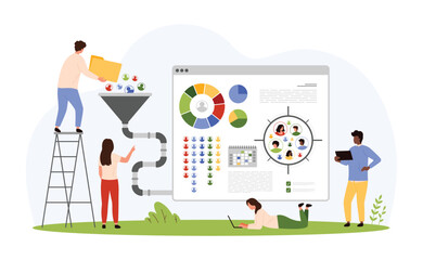 Sociology analysis, data processing. Tiny people convert user information into charts using funnel and pipe machine, sociologists research buyers behavior and preferences cartoon vector illustration