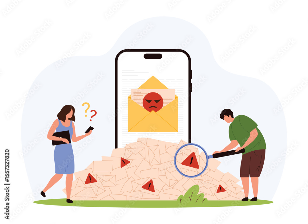 Poster warning scam and spam notification in mailbox mobile app. tiny people looking through magnifying gla