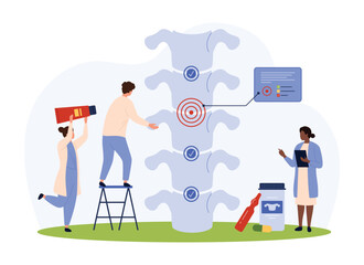 Diagnosis and treatment of back pain symptom vector illustration. Cartoon tiny people check location of inflammation in human spine between vertebrae, medical therapy for spinal problems from doctors