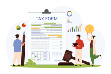 Tax payment. Tiny people work with tax form paper document and financial charts, data reports of bank account, experts accountants check electronic statement with pen cartoon vector illustration