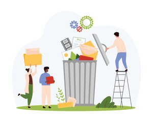 Cleaning up personal computers memory using software, trash bin. Tiny people delete digital documents, throw email letters, data files and archives into open waste basket cartoon vector illustration