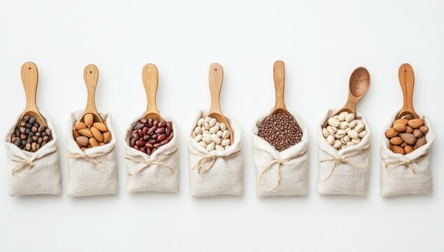 Various nuts and beans in small burlap bags, wooden spoons - Powered by Adobe