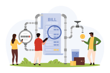Payment of water bill. Tiny people research paper invoice through magnifying glass, characters monitor consumption and costs to save nature resources and money budget cartoon vector illustration