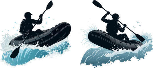 Obraz premium Dynamic Illustration of a Person in an Inflatable Kayak on White Water