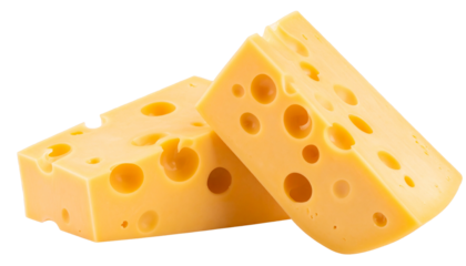 A Two wedges of swiss cheese with holes stacked on each other close on transparent background