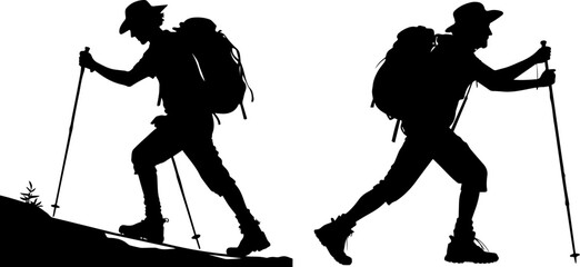 Silhouettes of a Hiker Trekking with Poles and Backpack: Vector Illustration