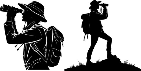 Silhouettes of an Hiker or Explorer Looking Through Binoculars: Vector Illustration © Rezowan 