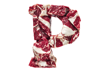 Letter P made of raw meat on black background.