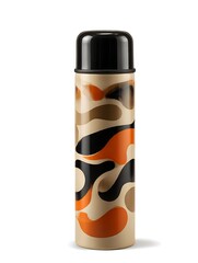 Abstract patterned thermos with black and orange design, stylish and modern drinkware for daily use