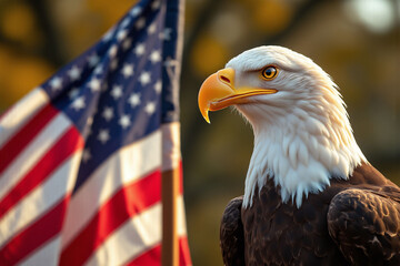 eagle with an american flag in the background