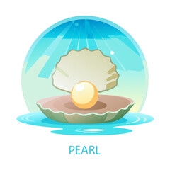 Shiny Pearl in Open Shell Vector Illustration with Underwater Sun Rays Background