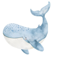 Watercolor PNG of a majestic blue whale, hand-painted in soft pastel tones. Ideal for ocean-themed designs, nursery decor, and marine clipart collections.