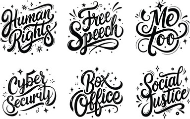 Fototapeta premium Inspirational Social Rights Lettering Bundle – Human Human Rights, Me Too, Free Speech, Cyber Security, Box Office, Social Justice Typography Quotes in Stylish Monochrome Calligraphy Vector Design