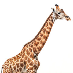 Fototapeta premium A giraffe is posing in a straightforward manner, isolated on a white background.