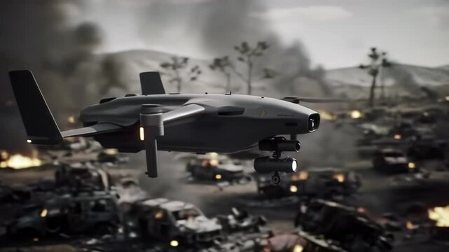 Military Drone Flying Over War-Torn Landscape Downloadable Stock Video Footage