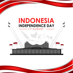 Banner or poster design for the 80th Indonesian Independence Day in 2025 with the silhouette of the Nusantara Building at the IKN, a map of the Indonesian archipelago and a fighter jet.
