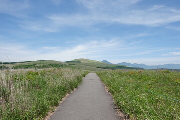 緑の牧草と青い空がきれいな見晴らしのいい高原