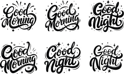 Fototapeta premium Charming greetings lettering features Good morning and Good night messages for various designs, cards, and typographic compositions.