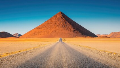 Desert road leading to a pyramidal peak